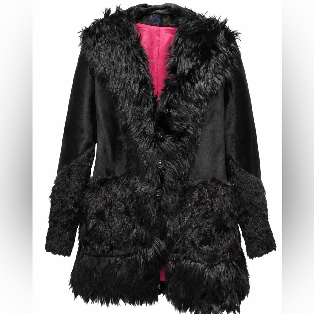 Black Leather Statement Coat Fur Trim Luxury Jacket M/L NWT